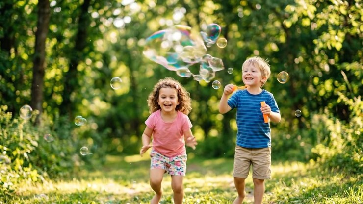 Bambini felici che corrono e giocano con le bolle in un parco soleggiato