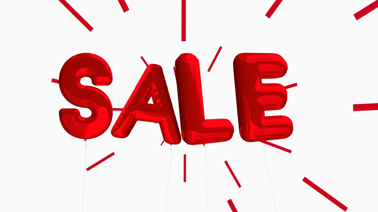 animación del texto de venta de globos rojos con rayos rojos sobre fondo blanco