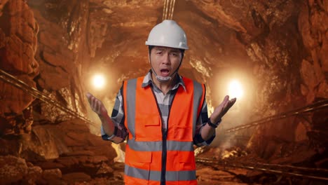 wondering asian male engineer with safety helmet saying why working doubtfully in underground mine tunnel
