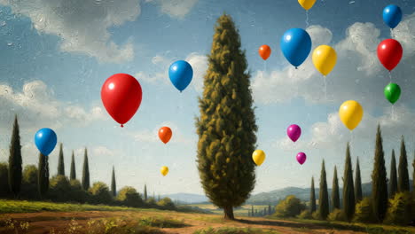 balloons over a tuscan landscape