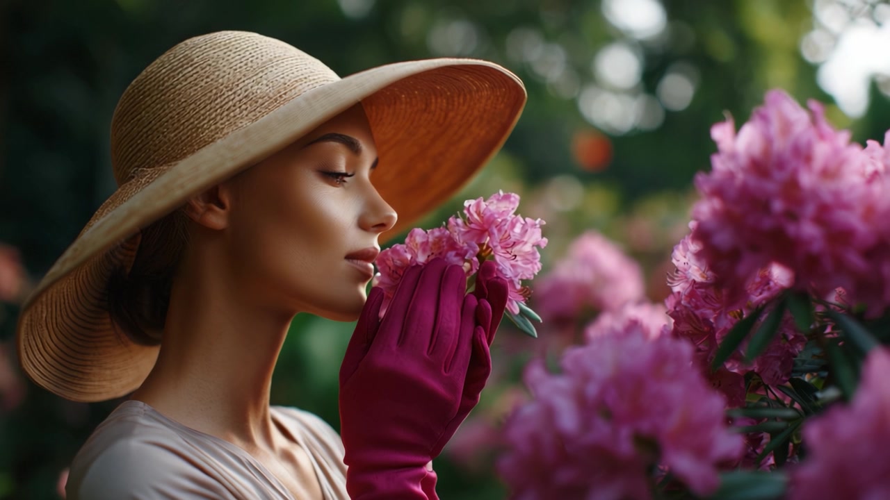 Una donna con un elegante cappello di paglia e guanti eleganti si gode il profumo dei fiori rosa in fiore in un bellissimo giardino, catturando l'essenza della tranquillità primaverile.