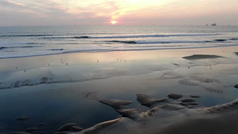 Drone-shot-revealing-Huntington-Beach-oil-spill-shoreline-with-birds-around-and-Oil-rig-in-the-background-at-sunset,-Mirrored-water-reflection,-California,-USA