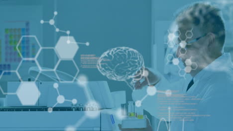 animation of scientific data processing and human brains over caucasian male scientist in laboratory