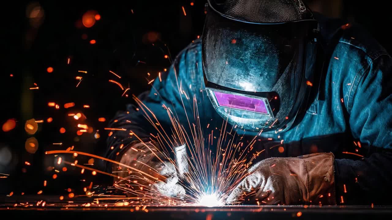 A skilled welder in action, meticulously working on metal fabrication, surrounded by dazzling sparks and bright arcs of light, showcasing precision and craftsmanship in welding