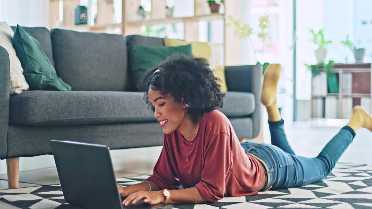 Black woman, laptop and music on floor