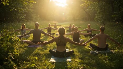 a harmonious group yoga session in nature: embracing peace and connection amidst serene greenery and glowing sunlight