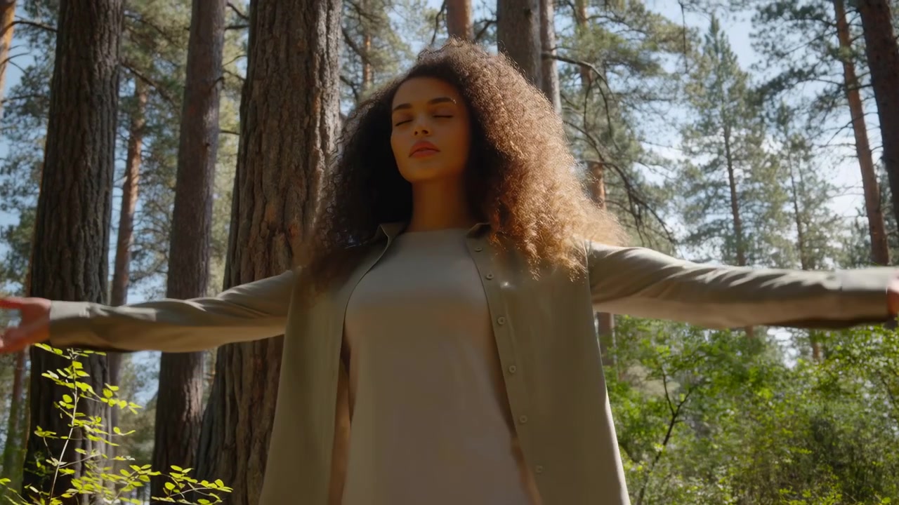 Donna in piedi tra alti pini, che respira lentamente con gli occhi chiusi, mentre la calda luce del sole filtra attraverso gli imponenti alberi.