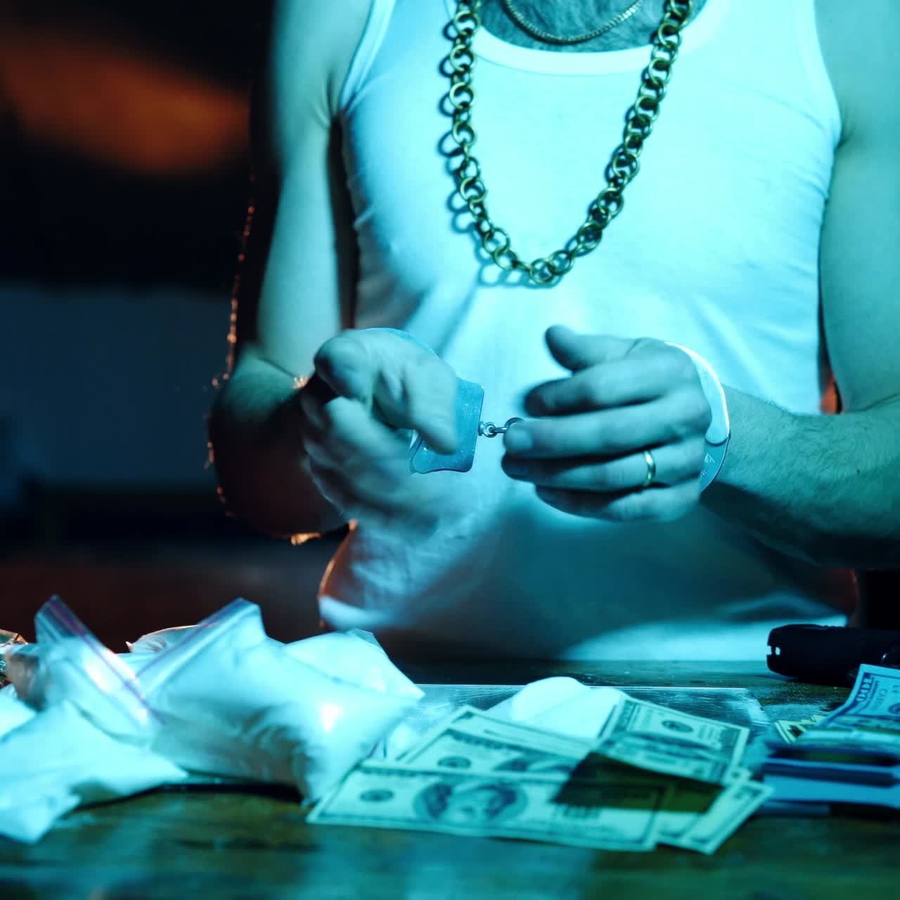 Man hands in handcuffs. Arrest of a drug dealer. Drug trafficking. Close-up.