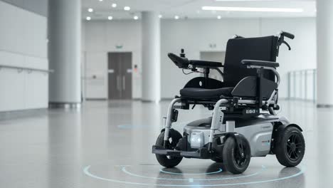 a modern electric wheelchair positioned in a spacious indoor environment showcasing advanced technology and accessibility features for mobility enhancement