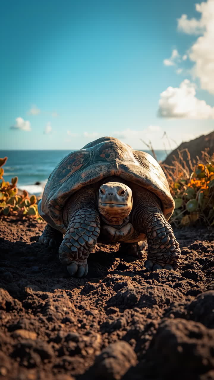 Giant Tortoise on a Coastal Landscape