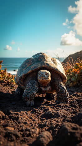 giant tortoise on a coastal landscape
