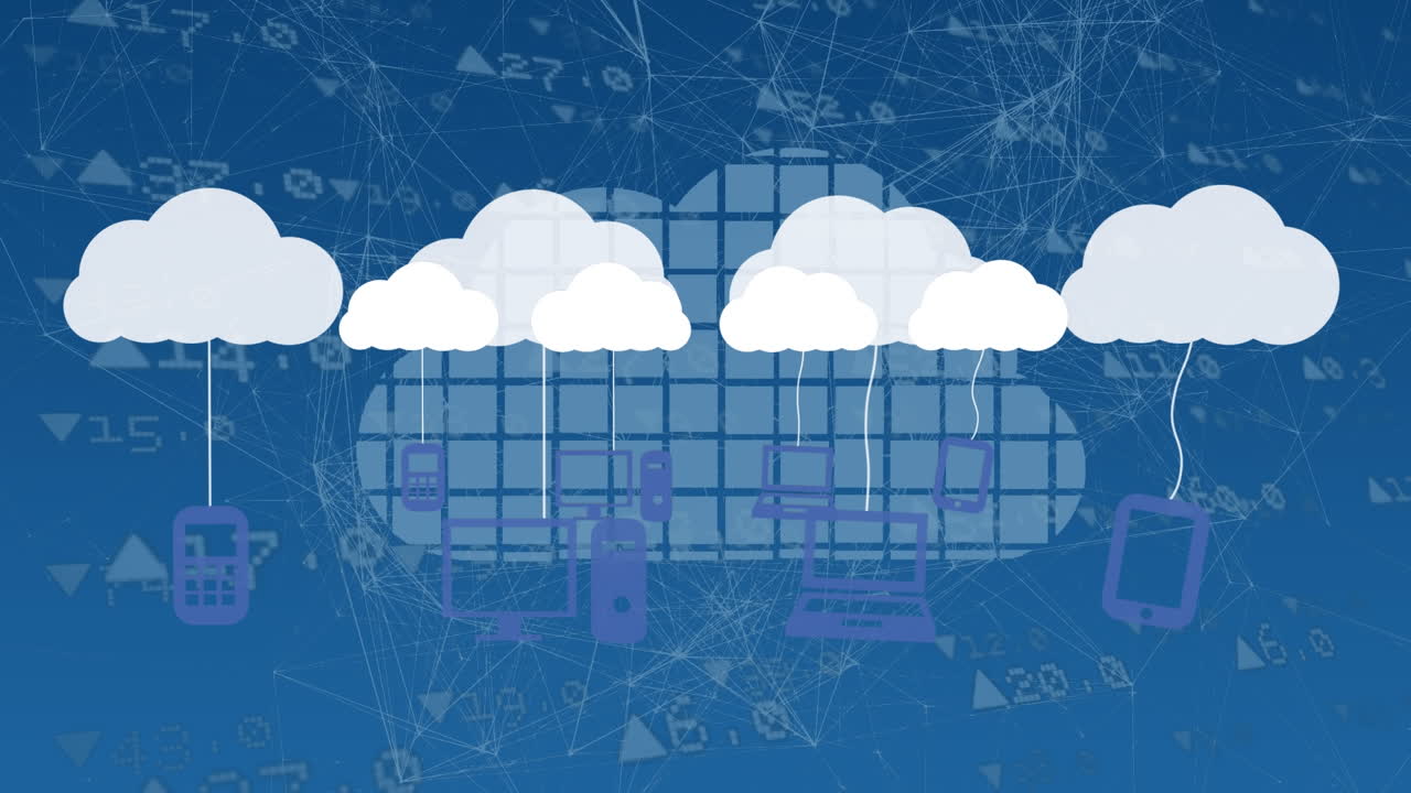 블루 배경의 그래프와 데이터 위에 기술 아이콘으로 구름의 애니메이션