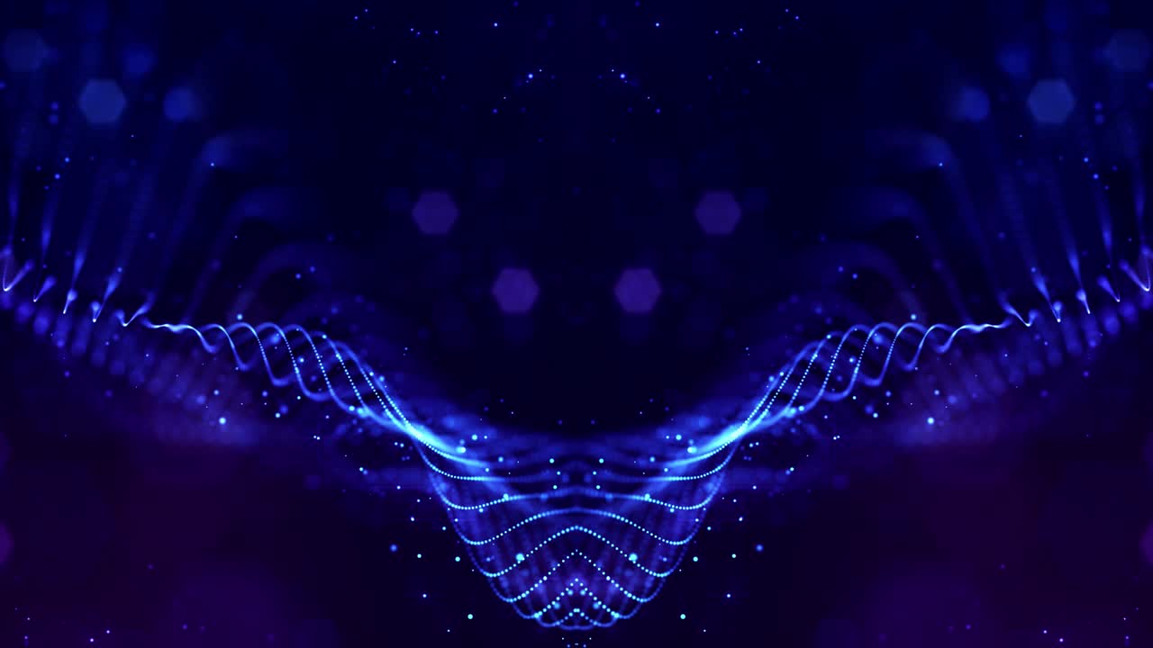 Glow blue particles form lines, symmetrical structures like in microworld or cosmic space. 4k looped sci-fi 3d abstract background. For holiday presentations, ceremonies as vj loop motion design 5
