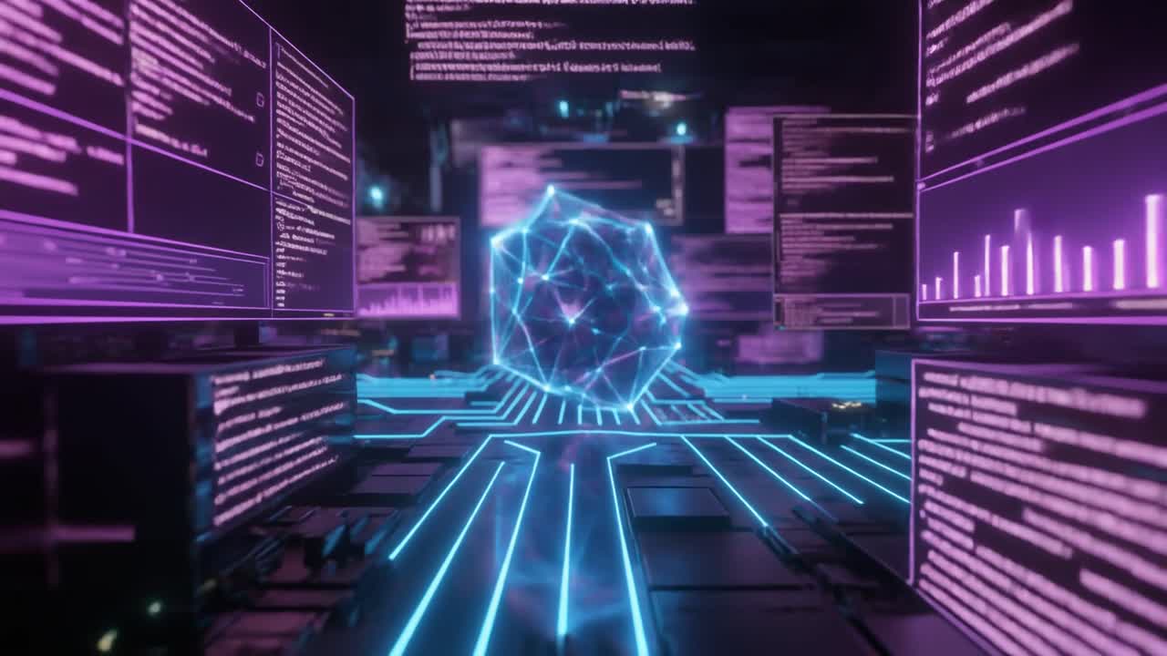Glowing Geometric Data Core in Futuristic Cyberspace
