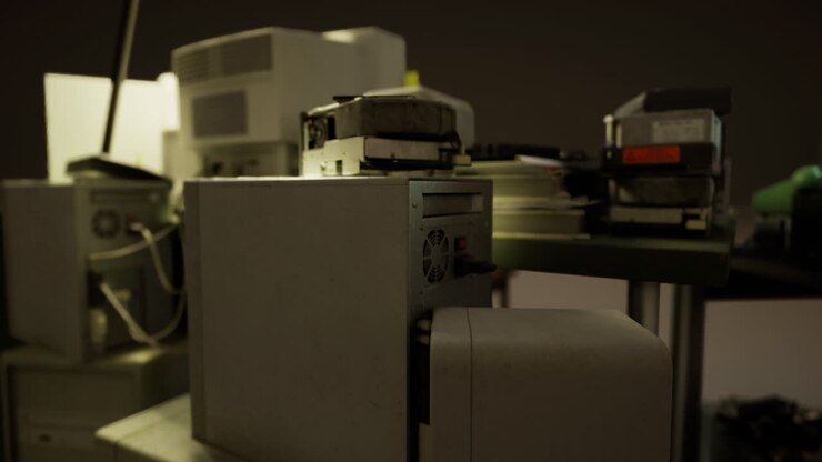 Vintage technology collection in a dimly lit creative workspace