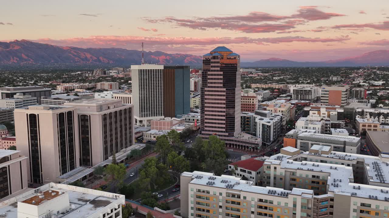 Descending shot of downtown Tucson, Arizona at sunset