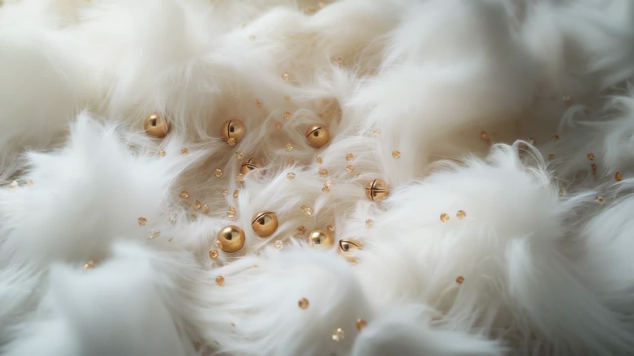 Tilting camera across white fluffy tufts, capturing gold beads and metallic drops shimmering