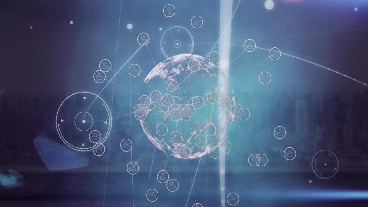 지구 주위의 원과 렌즈 플레어가 추상적인 배경 위에 있는 원의 애니메이션