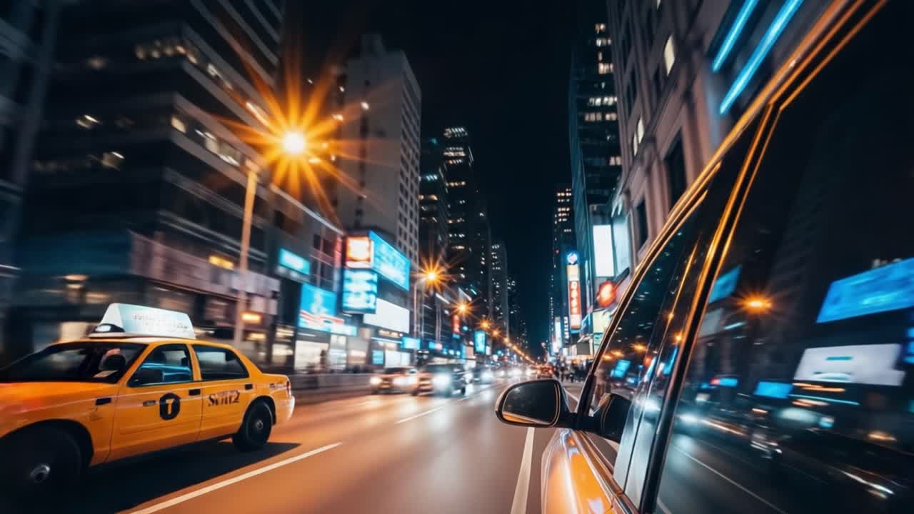 Night Drive Through a Vibrant City Street with Yellow Cabs