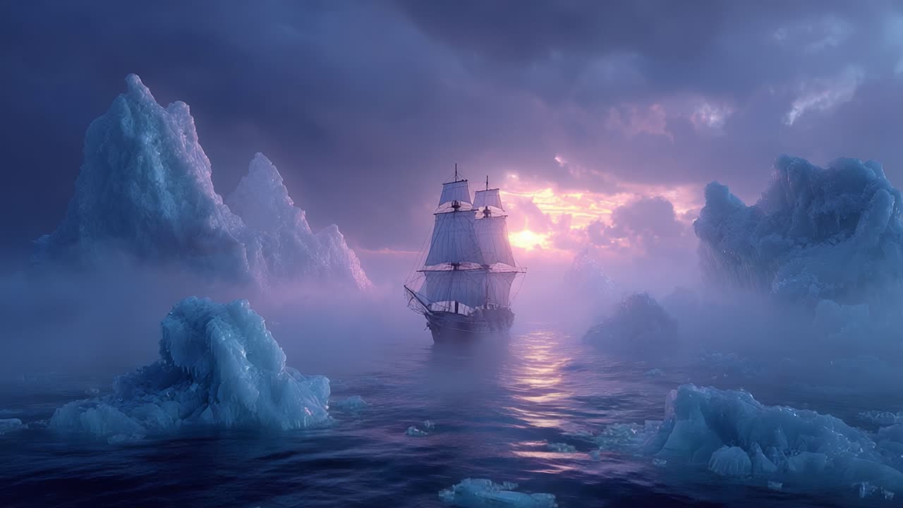 A Majestic Icebound Voyage: Embracing the Breathtaking Beauty of a Ship Navigating Through Ethereal Icebergs at Dawn's Glorious Reflection Across the Sea
