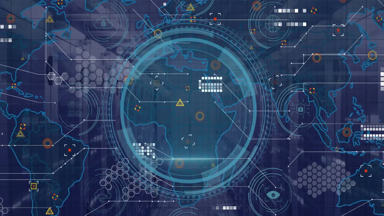 DATA PROTECTION fading map overlaying HUD pulsing and fingerprint scanning securing data