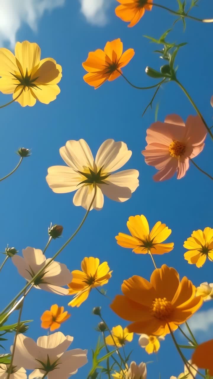 Vibrant flowers in bloom against a clear blue sky, captured from a low-angle, creating a lively