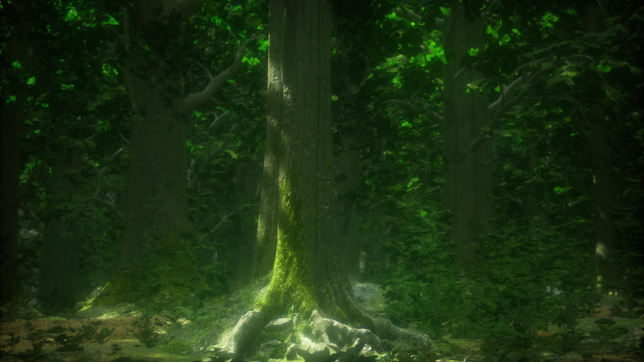 Enchanted forest with vibrant green foliage and majestic tree roots