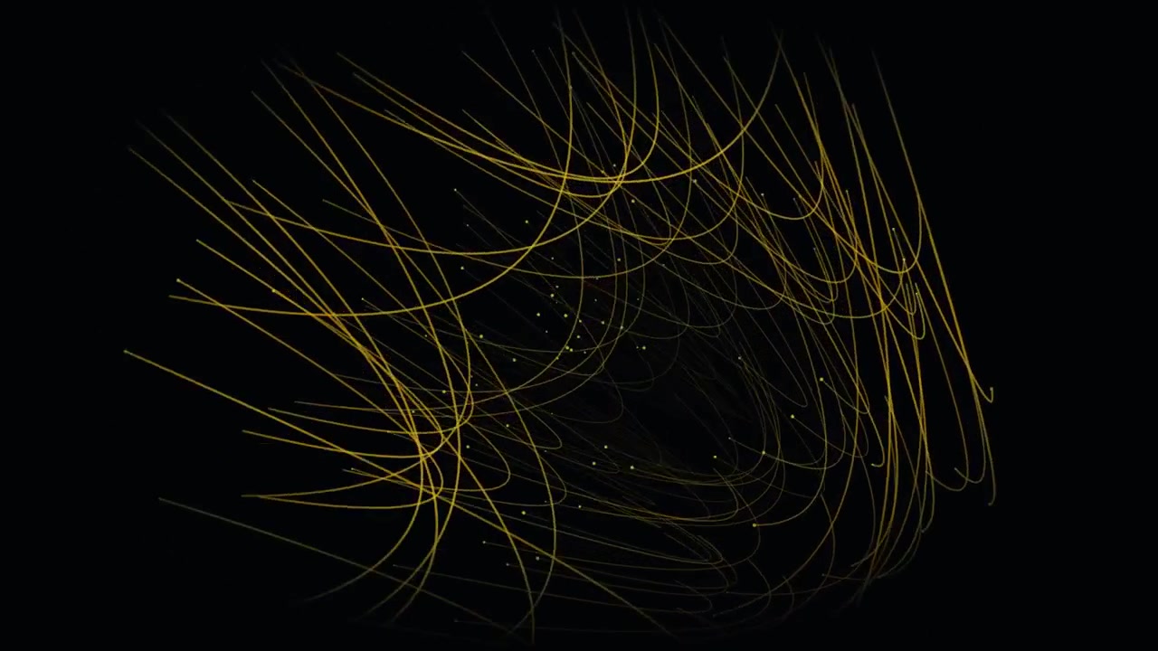 Abstract Golden Light Trails and Particles Moving on Black Background