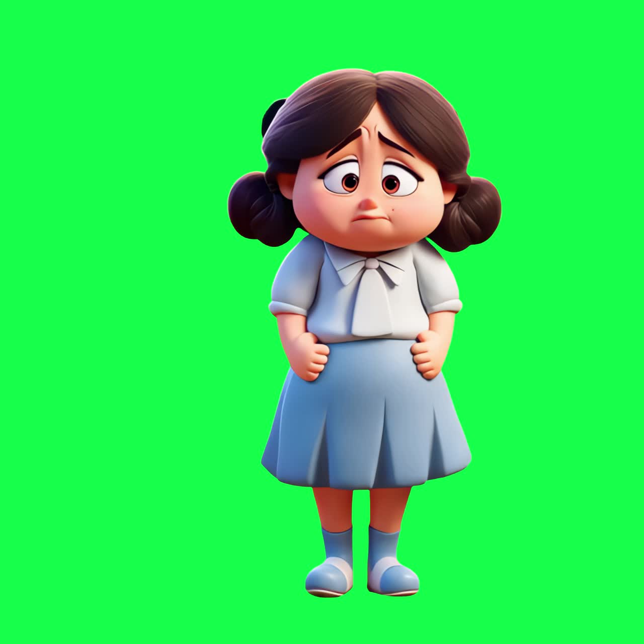 Sad cartoon girl character animation, transparent 4K video, green screen