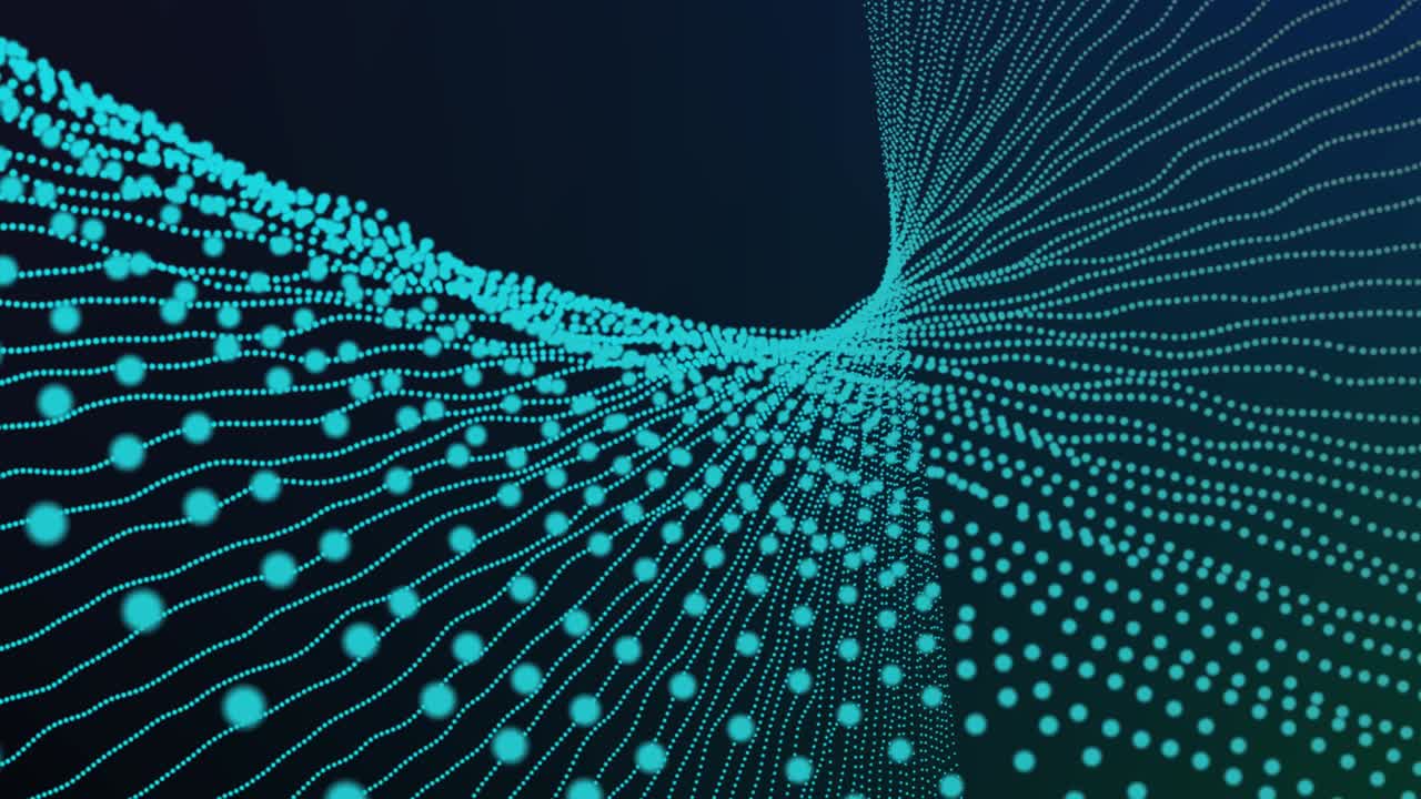 Blue dot particles movement in digital space. Cyan color dot line geometric abstract motion background.