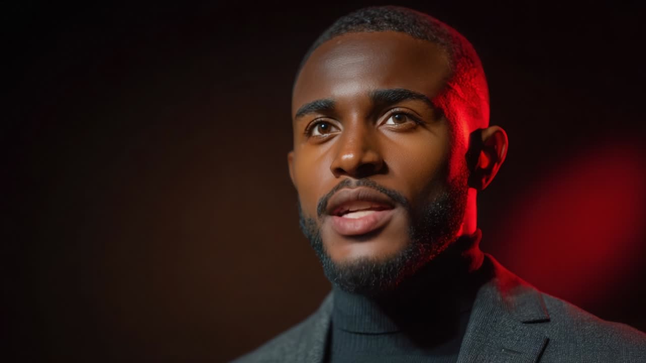 A captivating close-up of a man with a thoughtfully expressive face against a dramatic background, showcasing strong emotions and a confident demeanor, illuminated by soft lighting and shadow play