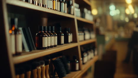 aesthetic display of bottles and grooming products on wooden shelves