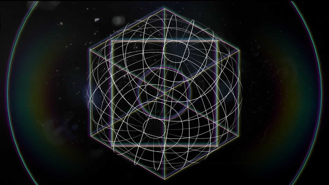 Geometric shapes and lines forming complex pattern, animation over dark background