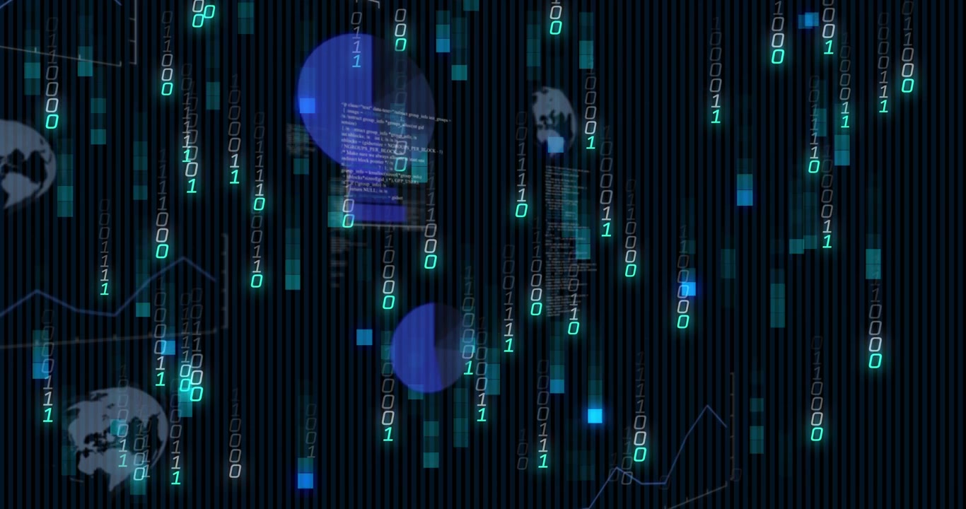 Top digits sparking cascading 0 or 1 streams, sliding code and falling charts forming dense data fie