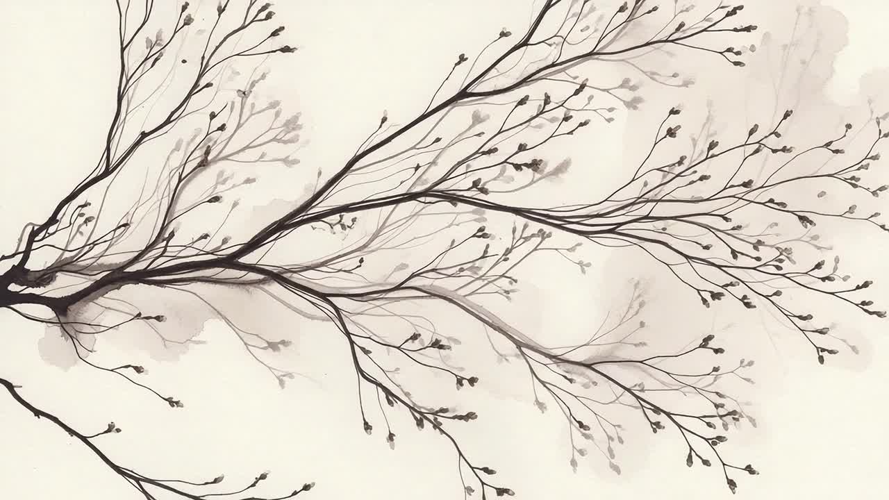 Delicate Ink Illustrations of Branches with Subtle Floral Elements in Soft Tones, Capturing the Beauty of Nature with an Artistic Touch
