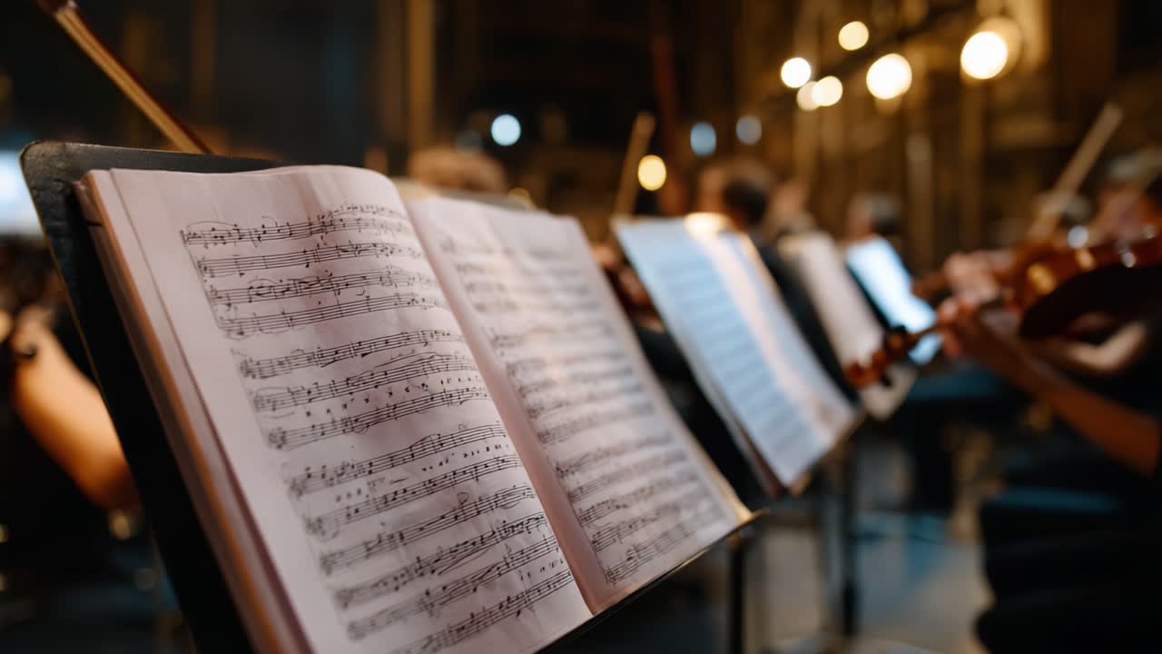 Armonia Melodica: Momenti accattivanti di un'incantevole esibizione orchestrale che mostra musicisti e i loro spartiti sotto calde luci sceniche.
