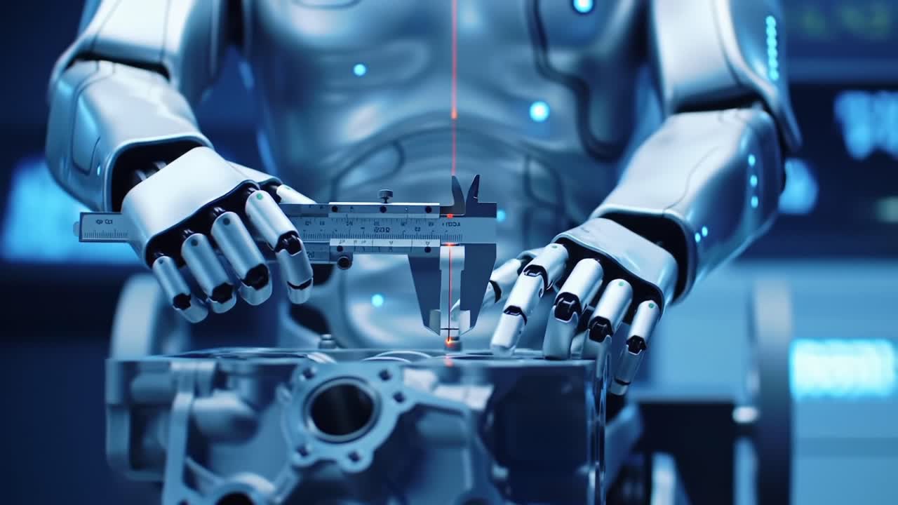 A humanoid robot intricately measures and assembles mechanical components in a high-tech workshop, showcasing precision engineering and advanced automation