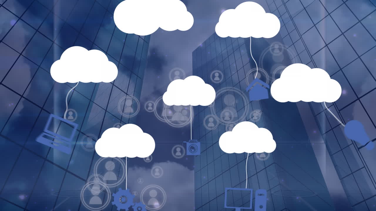 animación de iconos de nubes sobre el paisaje urbano