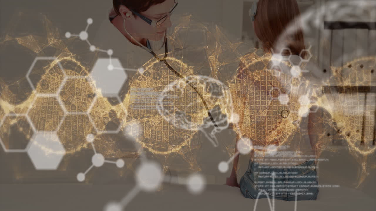 animación de procesamiento de datos y cadena de adn girando sobre una doctora caucásica