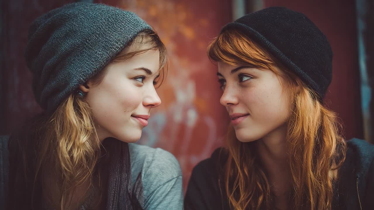 Two friends sharing a moment in winter hats in a urban setting
