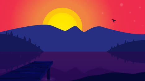 an animation of a landscape background with lake at sunset