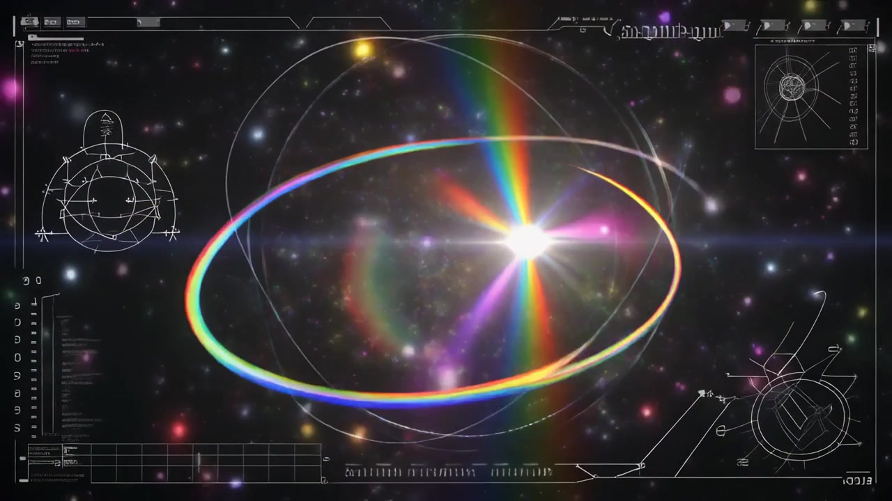 Visualizzazione spaziale astratta con anelli orbitali luminosi e interfaccia HUD