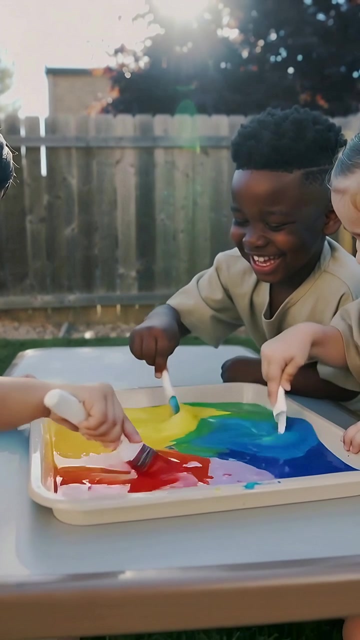 Vertical video: Dipping brush into paint tray, three kids stirring at backyard table, making colors