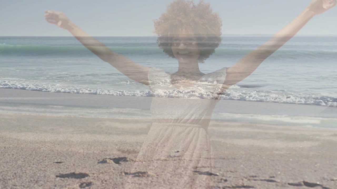Woman turning toward lens, reaching arms, fixing hair, wave overlay creating bands across body, ads