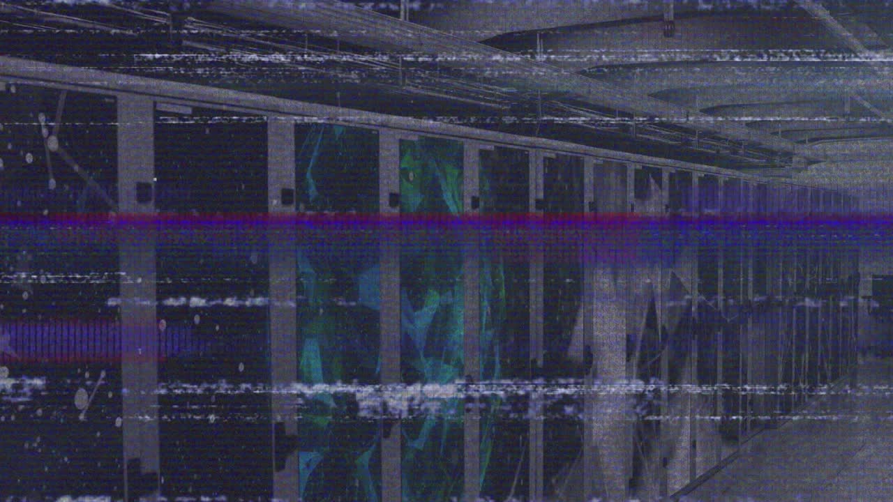 Glitch bands sweeping along server racks while LED boards pulsing illustrating system interference