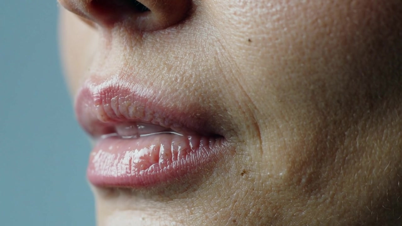 Seguendo un respiro leggero, il volto inferiore di una donna in studio che fa un movimento con le labbra lucide, mostrando un neo sulla guancia.