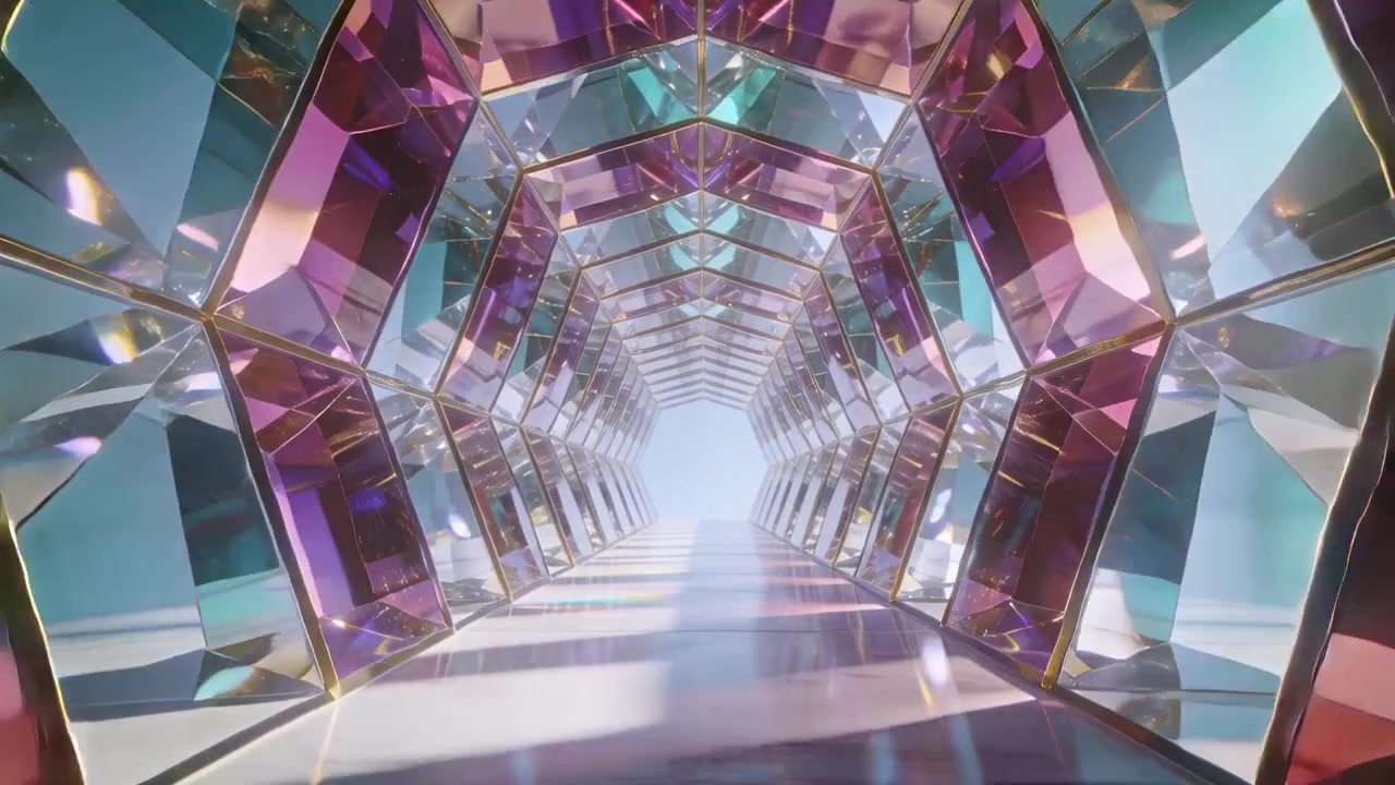 Cámara avanzando a través de un túnel hexagonal hacia un extremo brillante, enfatizando el cristal de prisma, los bordes dorados y el suelo de arcoíris.