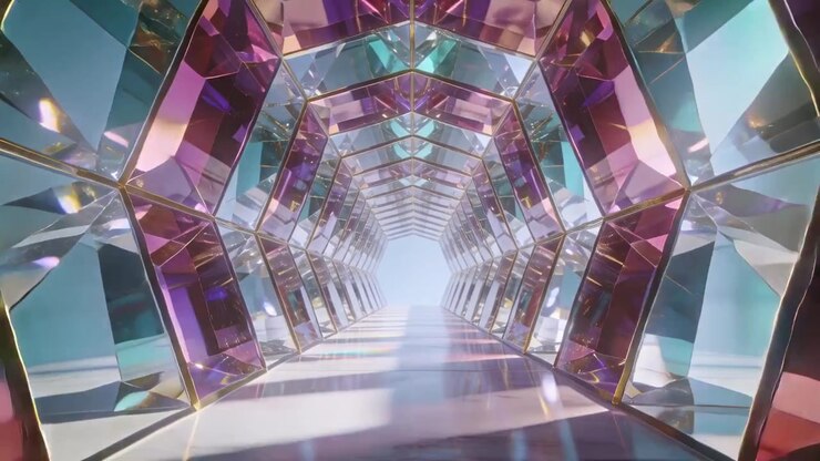 Cámara avanzando a través de un túnel hexagonal hacia un extremo brillante, enfatizando el cristal de prisma, los bordes dorados y el suelo de arcoíris.