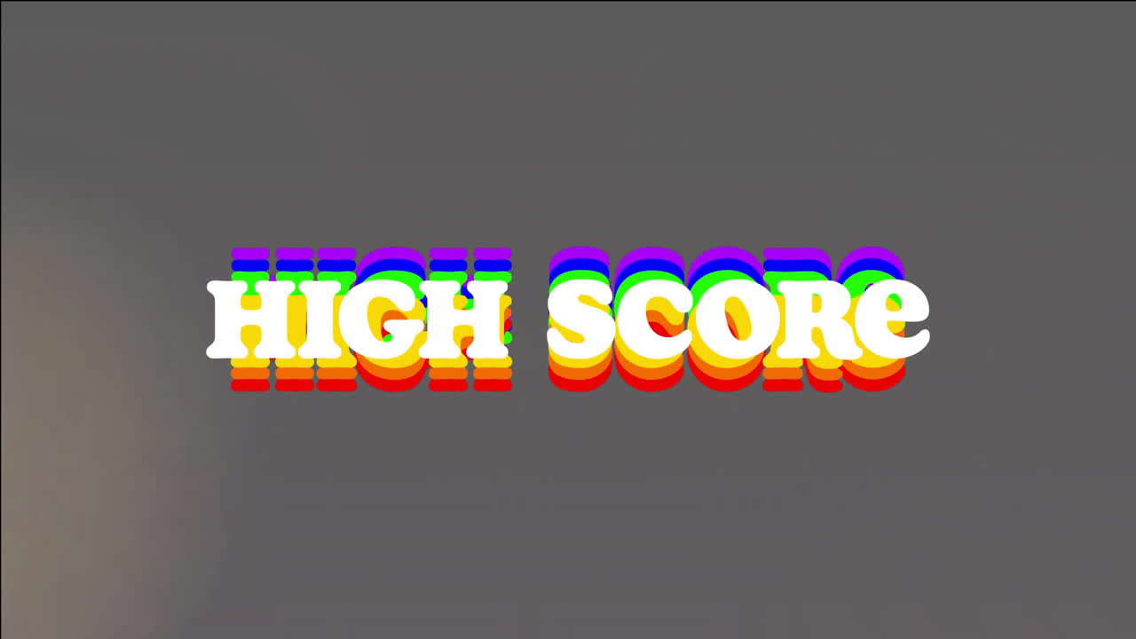 High score text in colorful, retro animation style over gray background