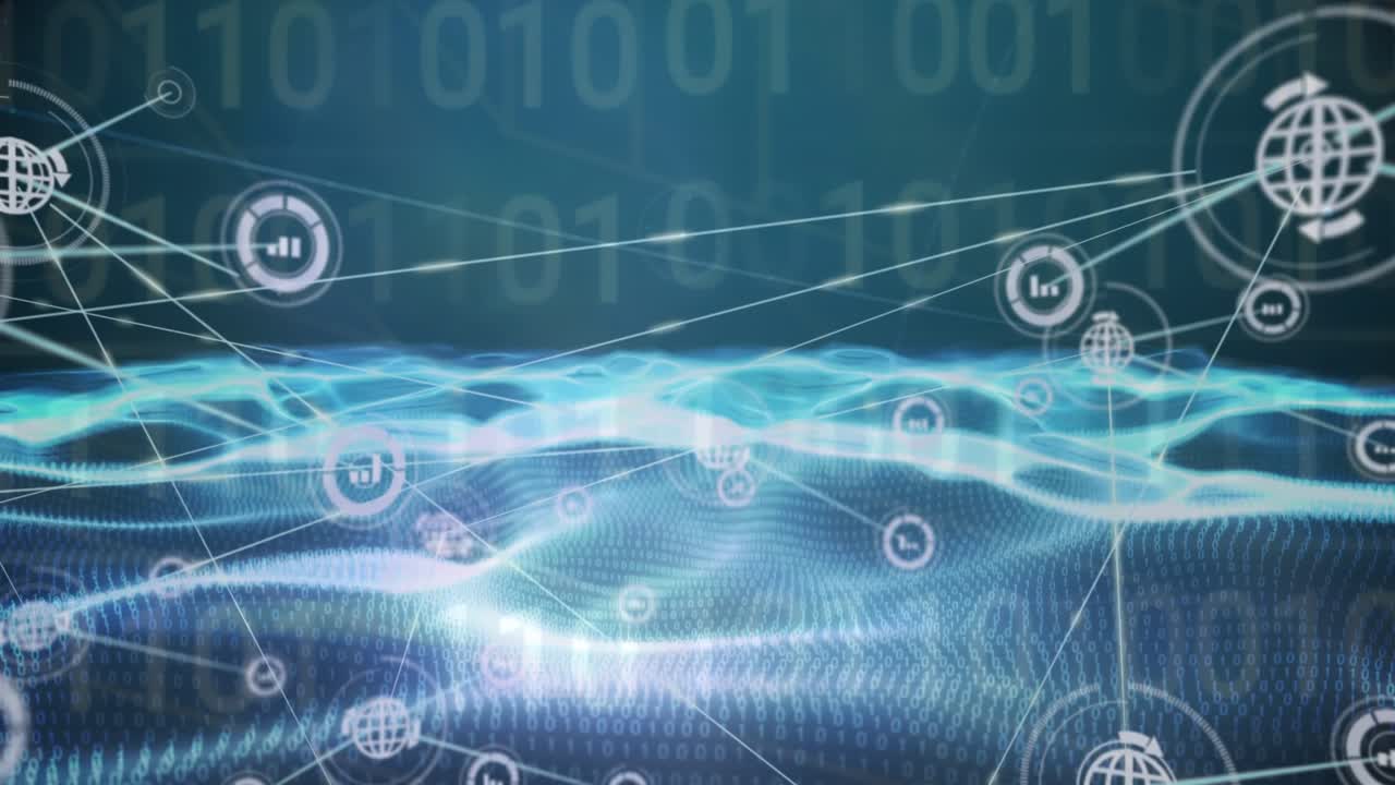 Animation of icons connected with lines and binary codes over digital sea